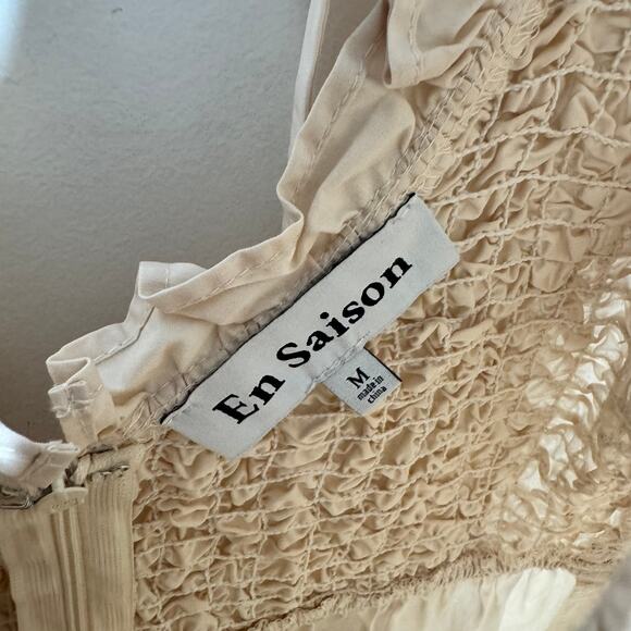En Saison Dress Women M Cream Smocked Ruffled Mini Ruffle Tiered Cottage Cotton - Picture 6 of 10